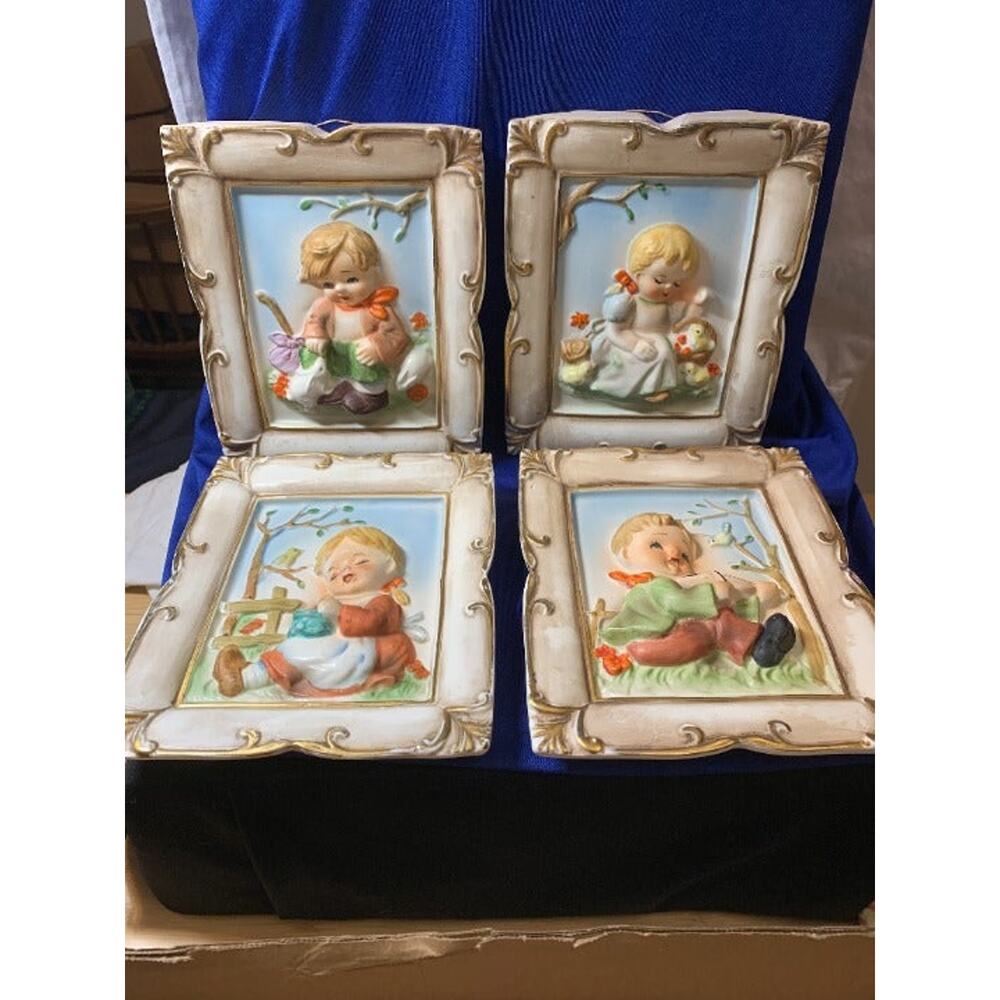 Set of 4 Vintage Ceramic Dimensional Pictures of Boys and Girls Japan